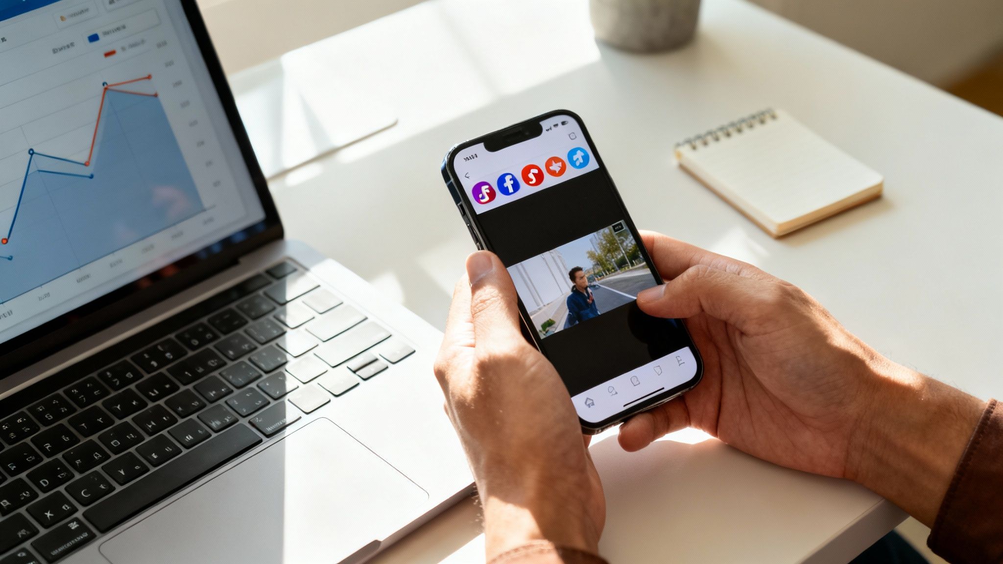 Hands holding a smartphone displaying a video and social media apps, with a laptop showing business graphs.