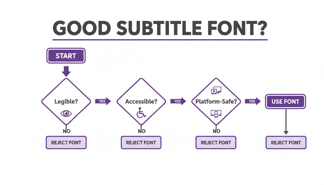 A flowchart outlining steps to select an appropriate subtitle font considering legibility, accessibility, and platform safety.