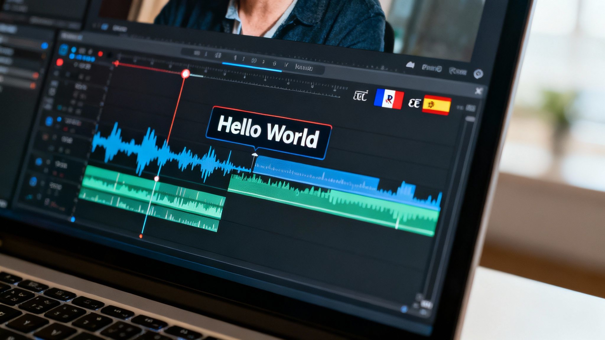 Close-up of a laptop screen displaying video editing software with a 'Hello World' text overlay and audio waveforms.