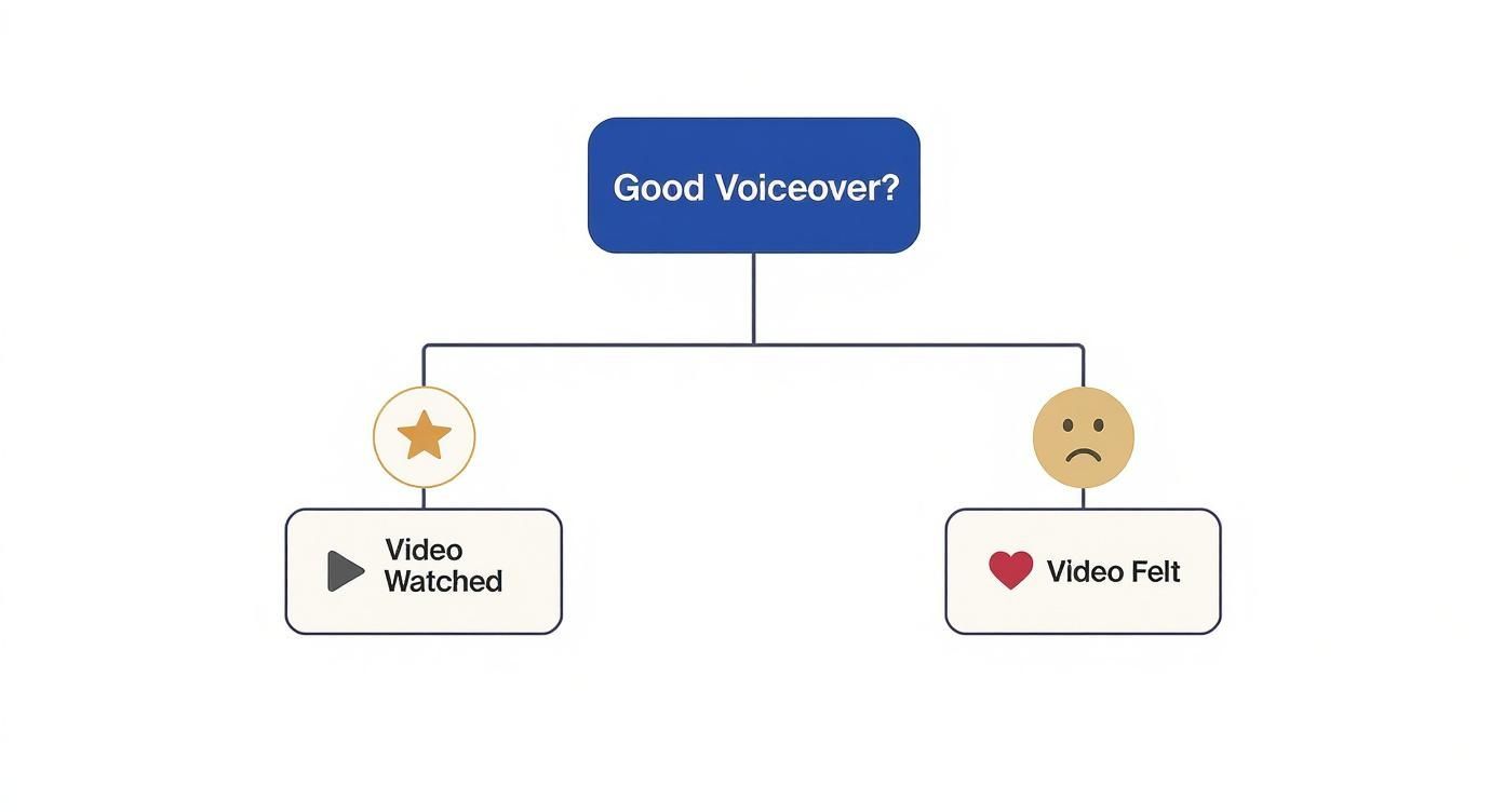A flowchart showing if a 'Good Voiceover?' leads to 'Video Watched' or 'Video Felt'.