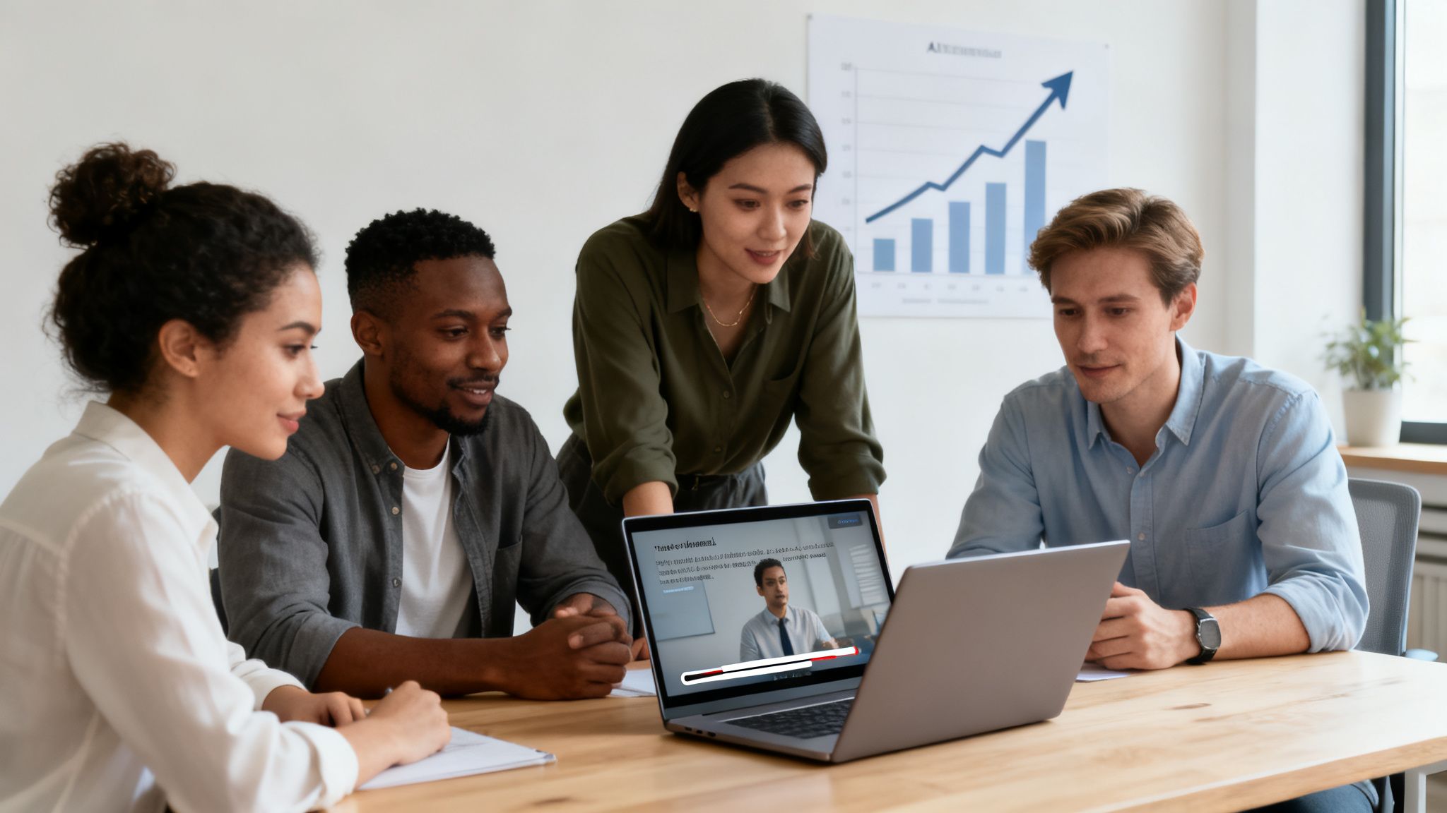 Diverse business team watching a training video together on a laptop in an office.
