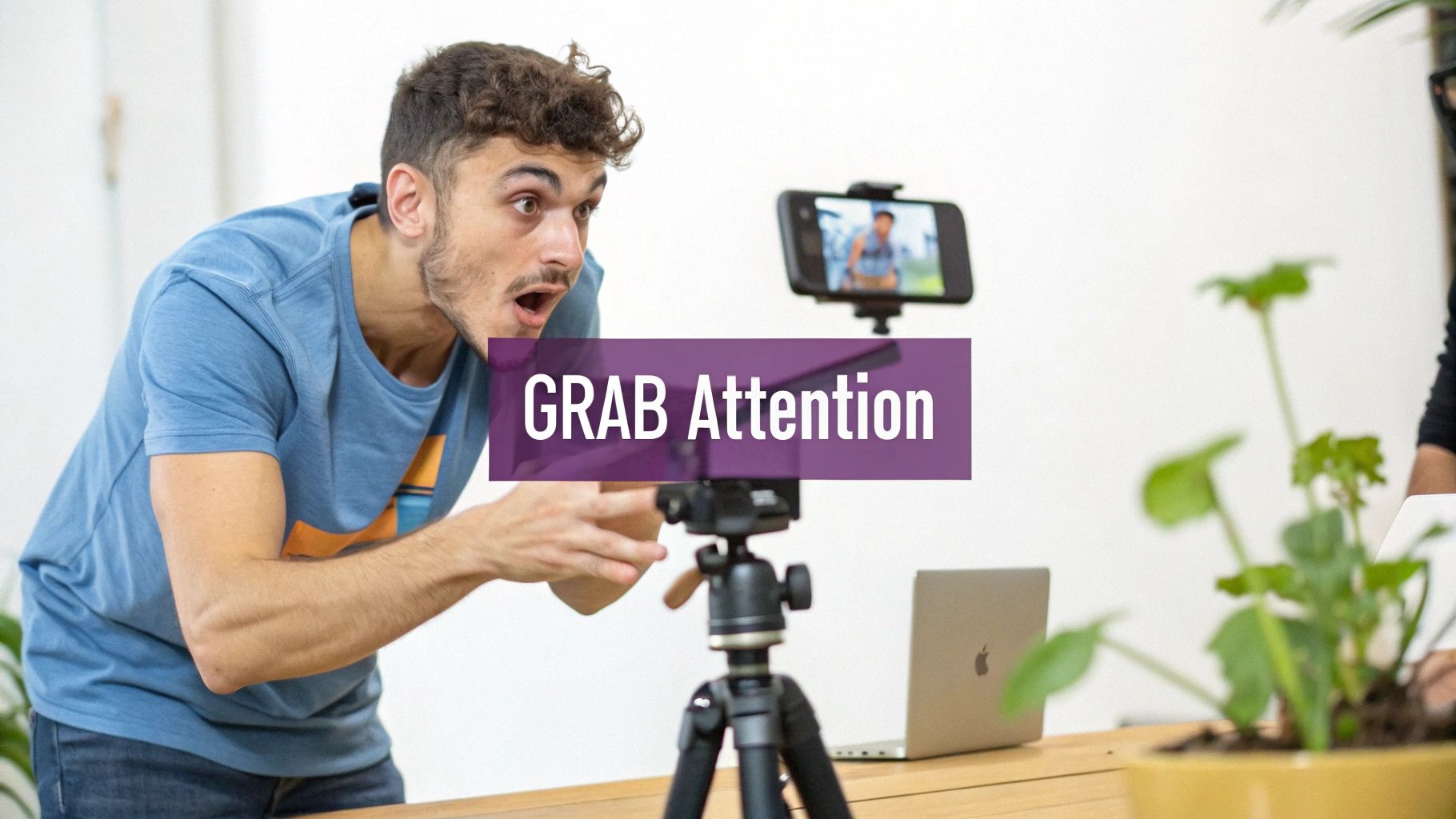 A man with a surprised expression records a video on a smartphone for YouTube.