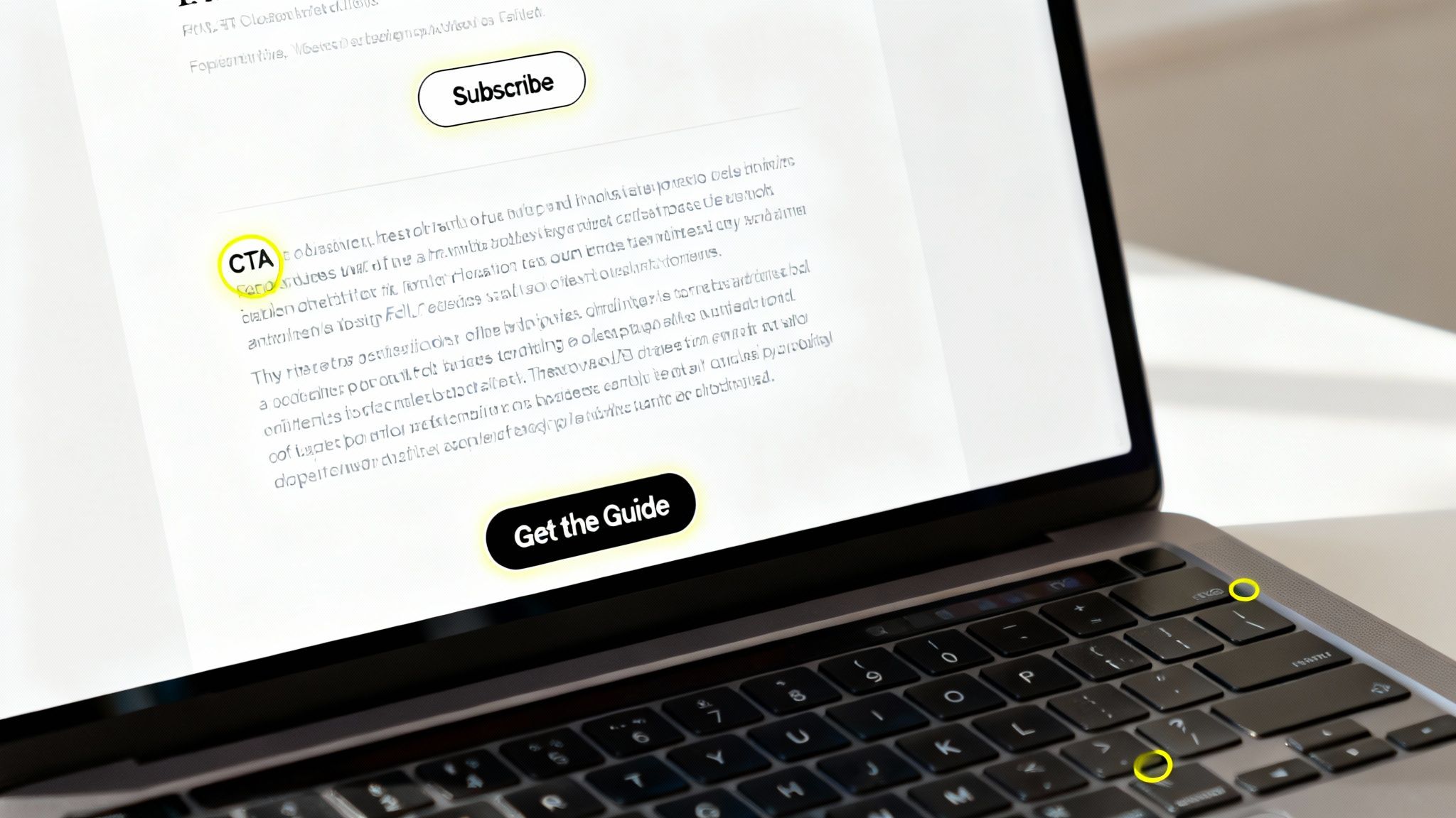 A laptop screen shows a webpage with highlighted 'Subscribe' and 'Get the Guide' call-to-action buttons.