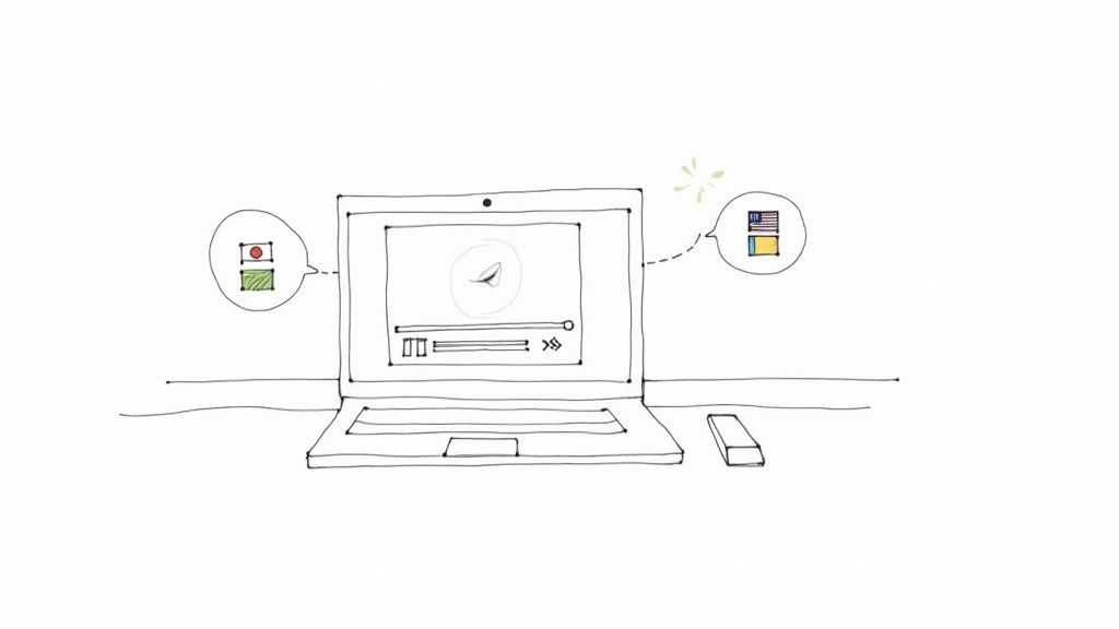 Laptop displaying video translation interface with language flags and subtitle controls for multilingual content