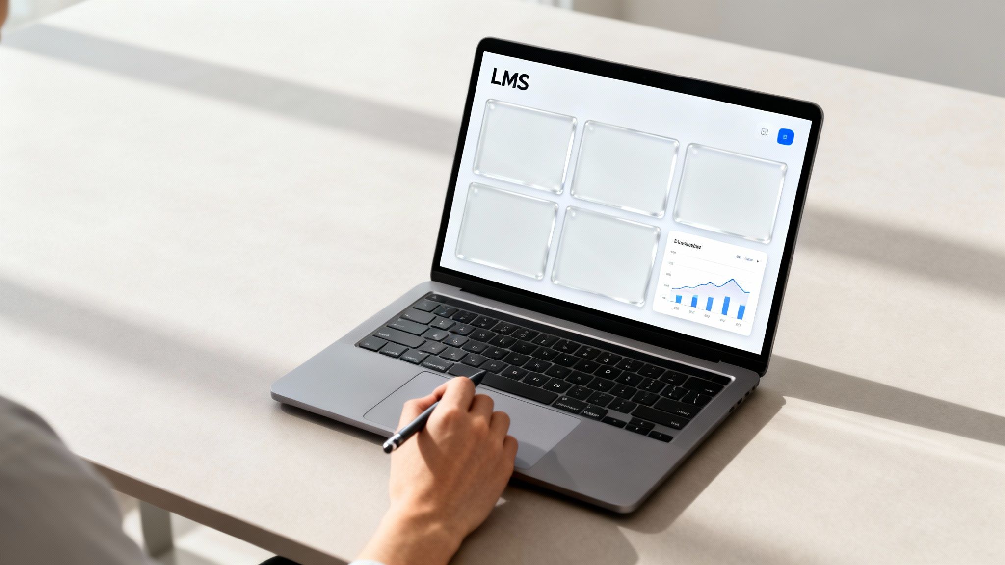 Person using laptop displaying LMS dashboard with empty course modules and analytics chart