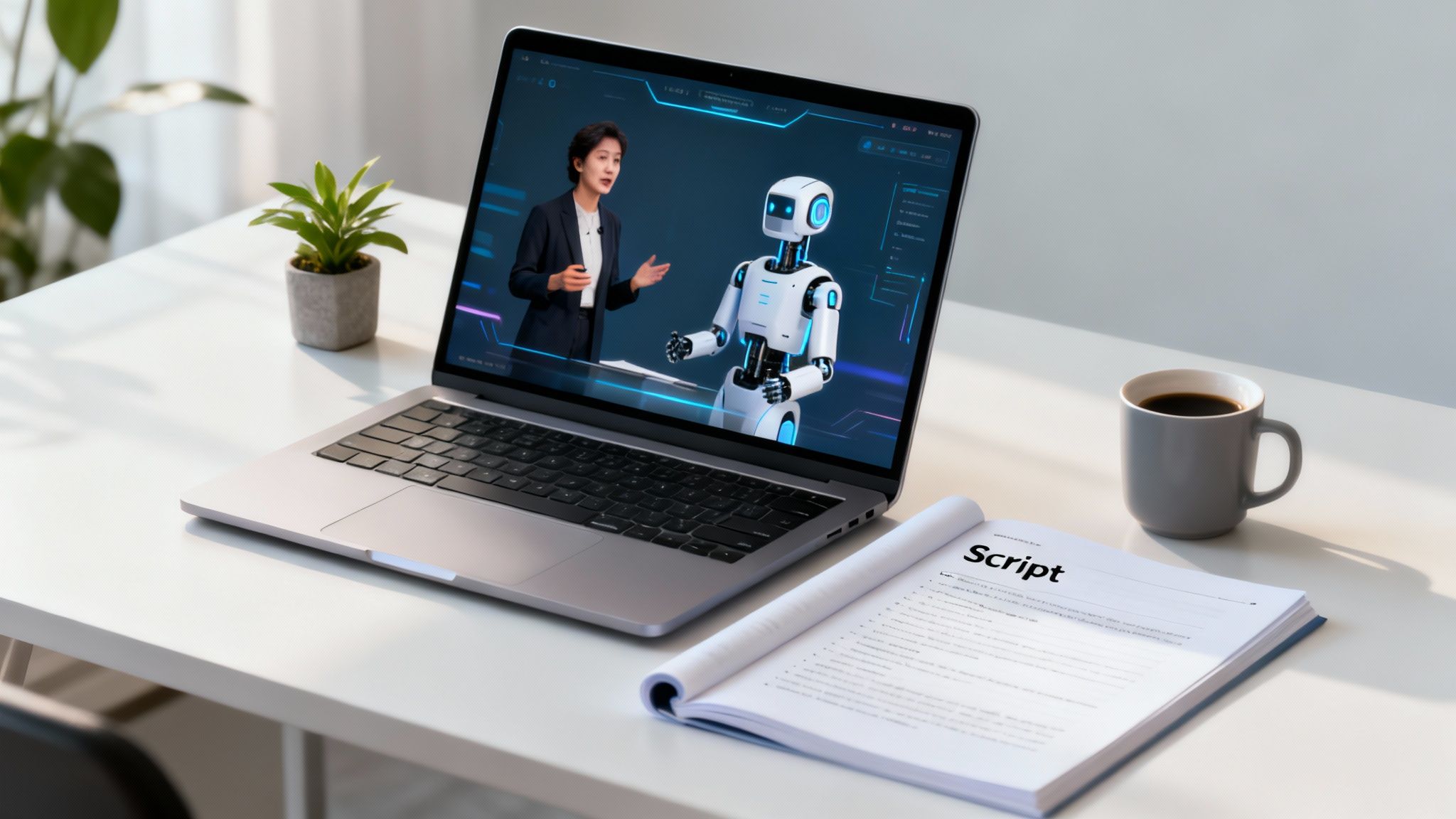 A laptop displays a training video featuring a woman presenting with an AI robot, alongside a script and coffee mug on a desk.