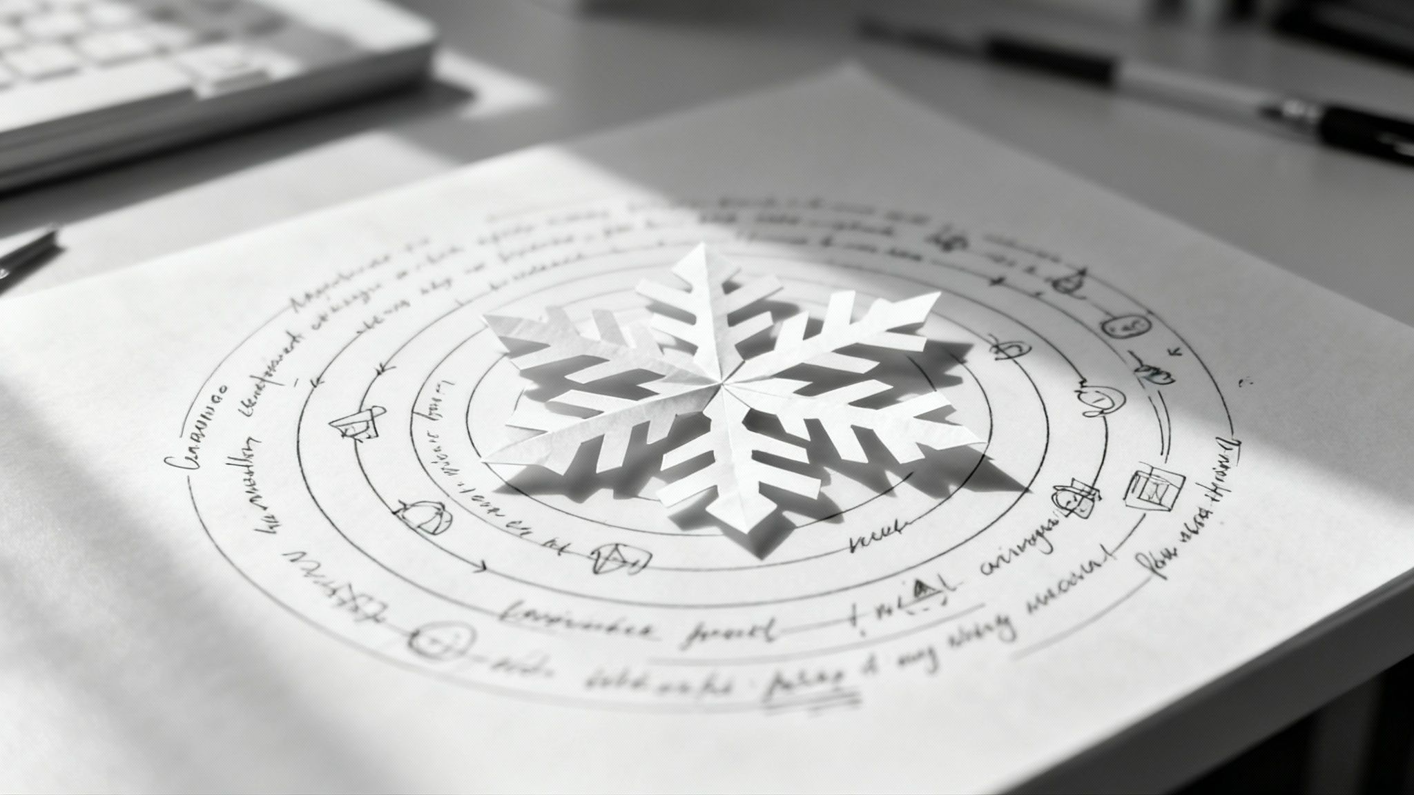 Paper snowflake cutout placed on circular diagram with handwritten notes and planning sketches on desk