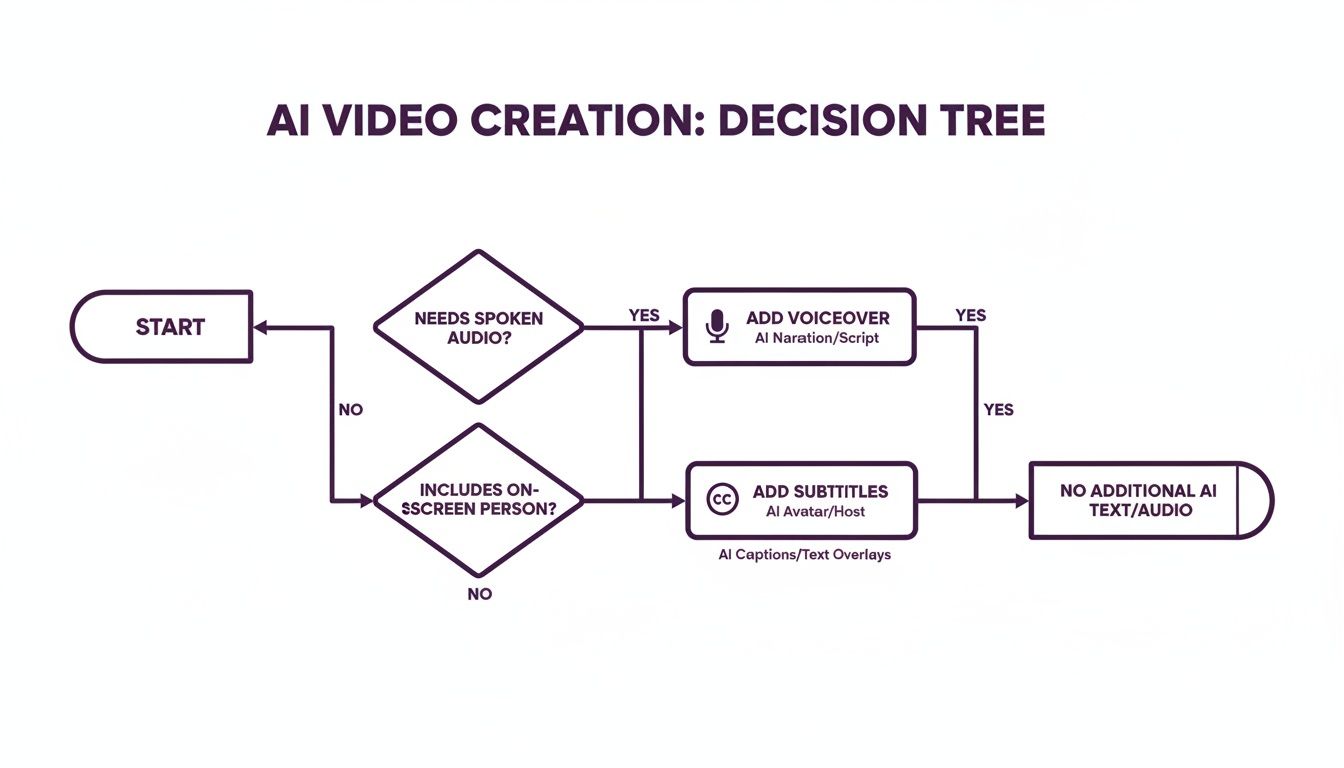 A decision tree flowchart titled 'AI Video Creation' outlining steps for adding voiceover and subtitles.