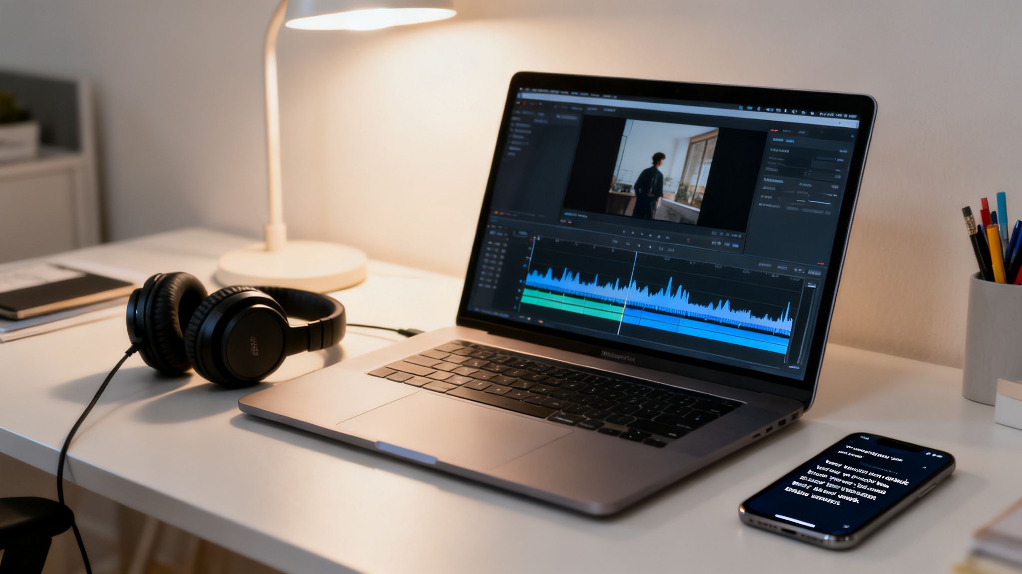 A well-lit desk setup featuring a laptop displaying video editing software, headphones, and a smartphone.