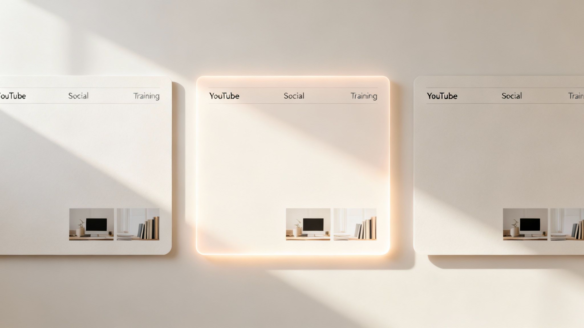 Three minimalist panels, one glowing, displaying content categories like YouTube, Social, and Training.