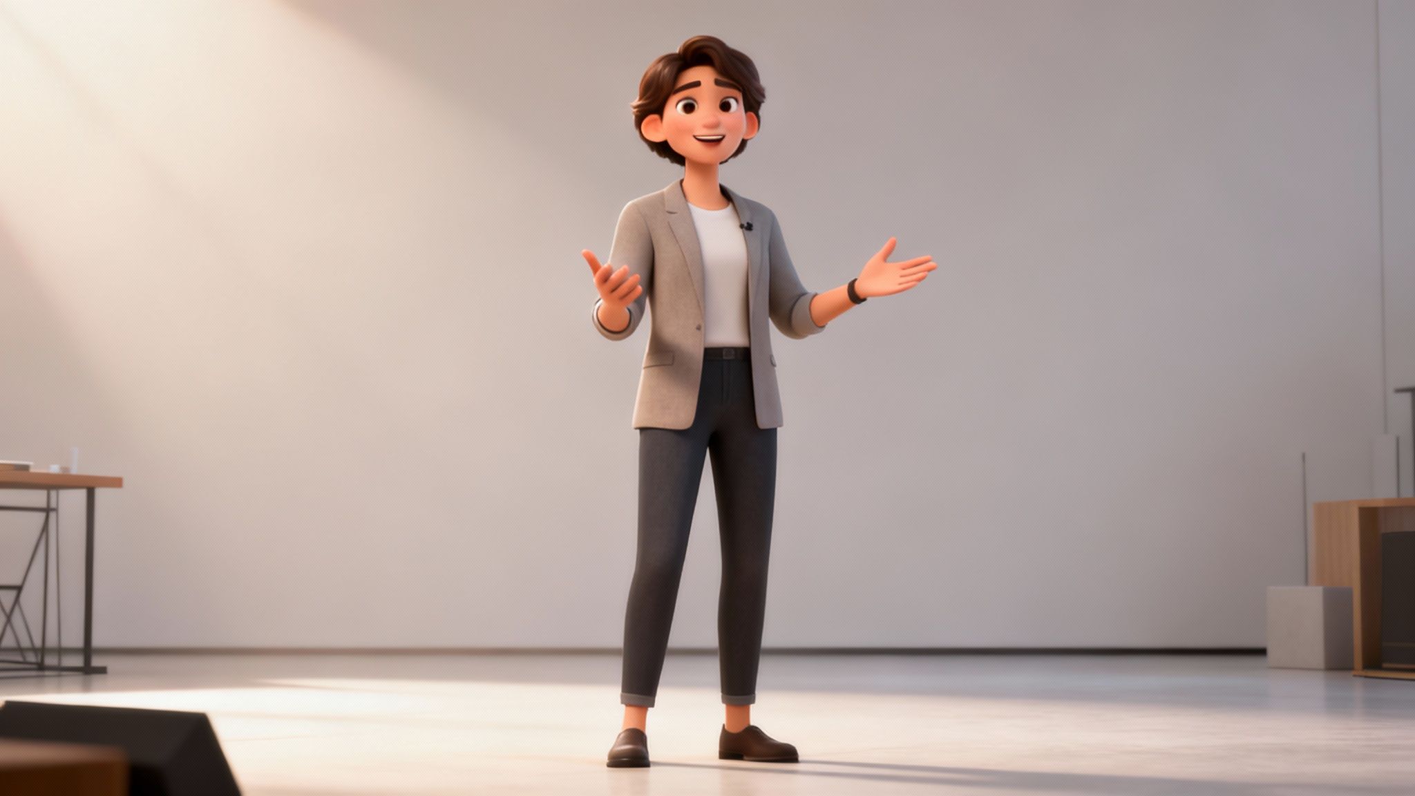 A friendly 3D animated character in a business casual outfit, gesturing in a bright room.