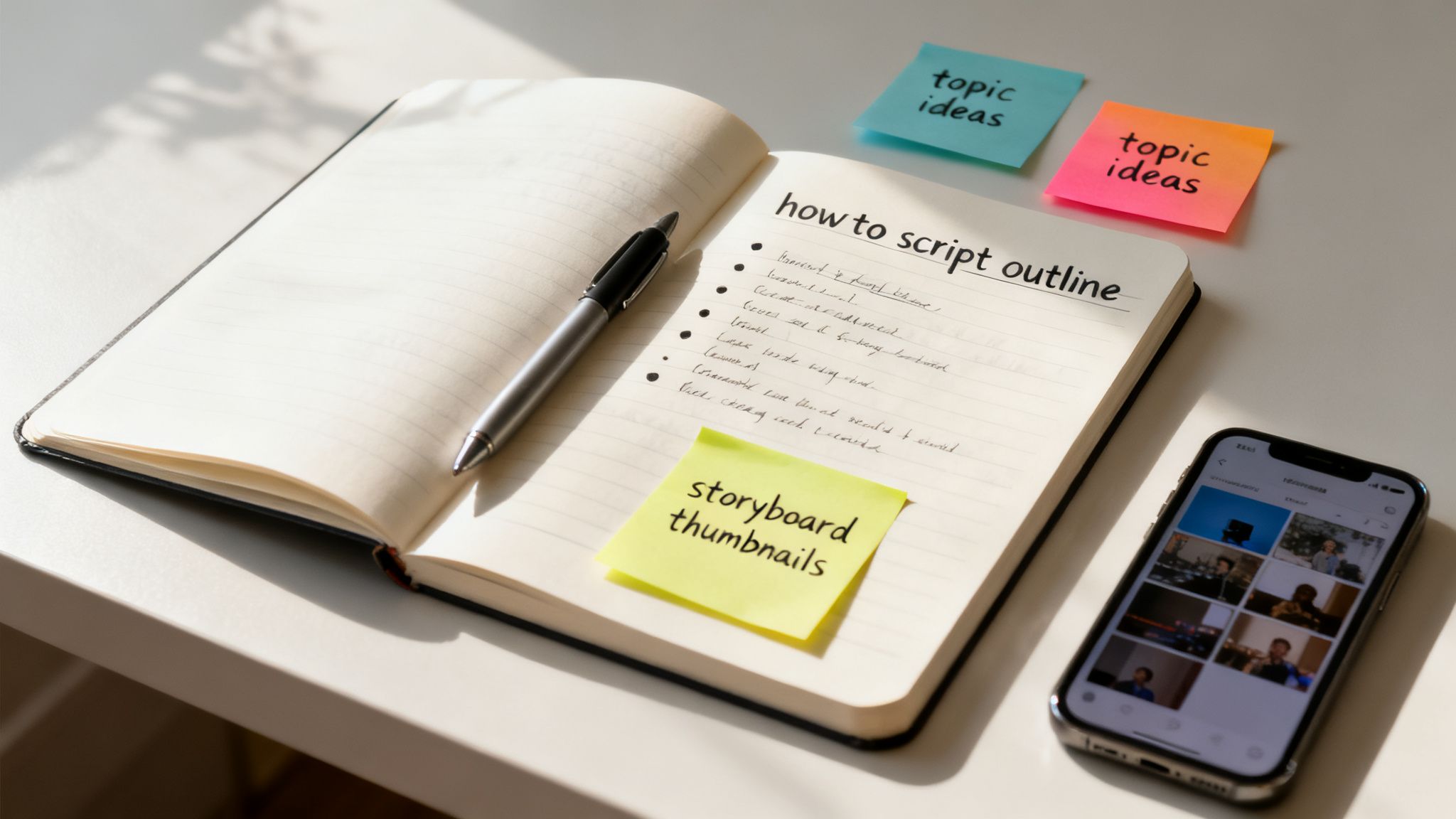 Desk scene with a notebook, pen, smartphone, and sticky notes for video planning.