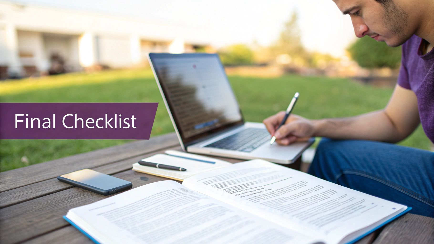 A young man studying outdoors, writing notes while surrounded by a laptop, open book, and phone.
