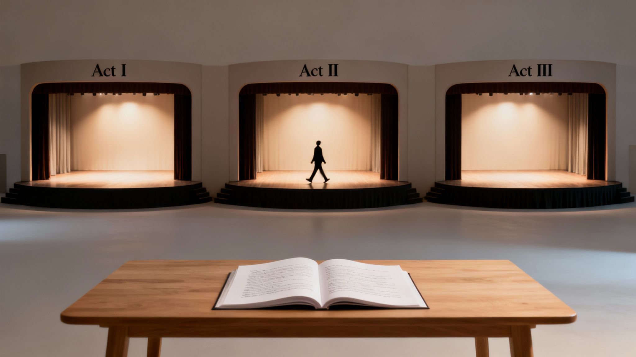 Three theatre stages, Act I, II, III, with a person on Act II. An open script lies on a table.