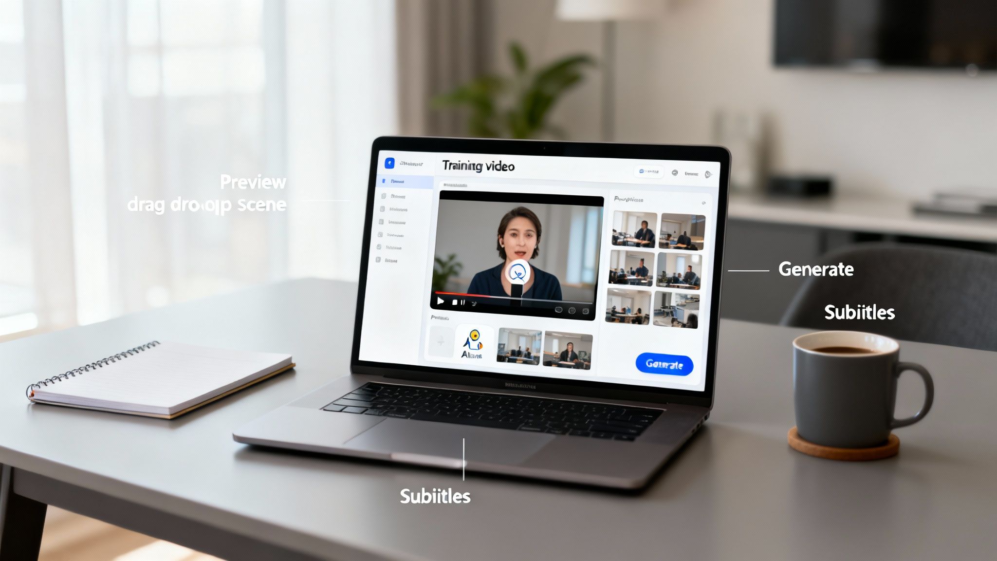 Laptop displays training video software interface with a speaker, scene previews, and subtitle generation.