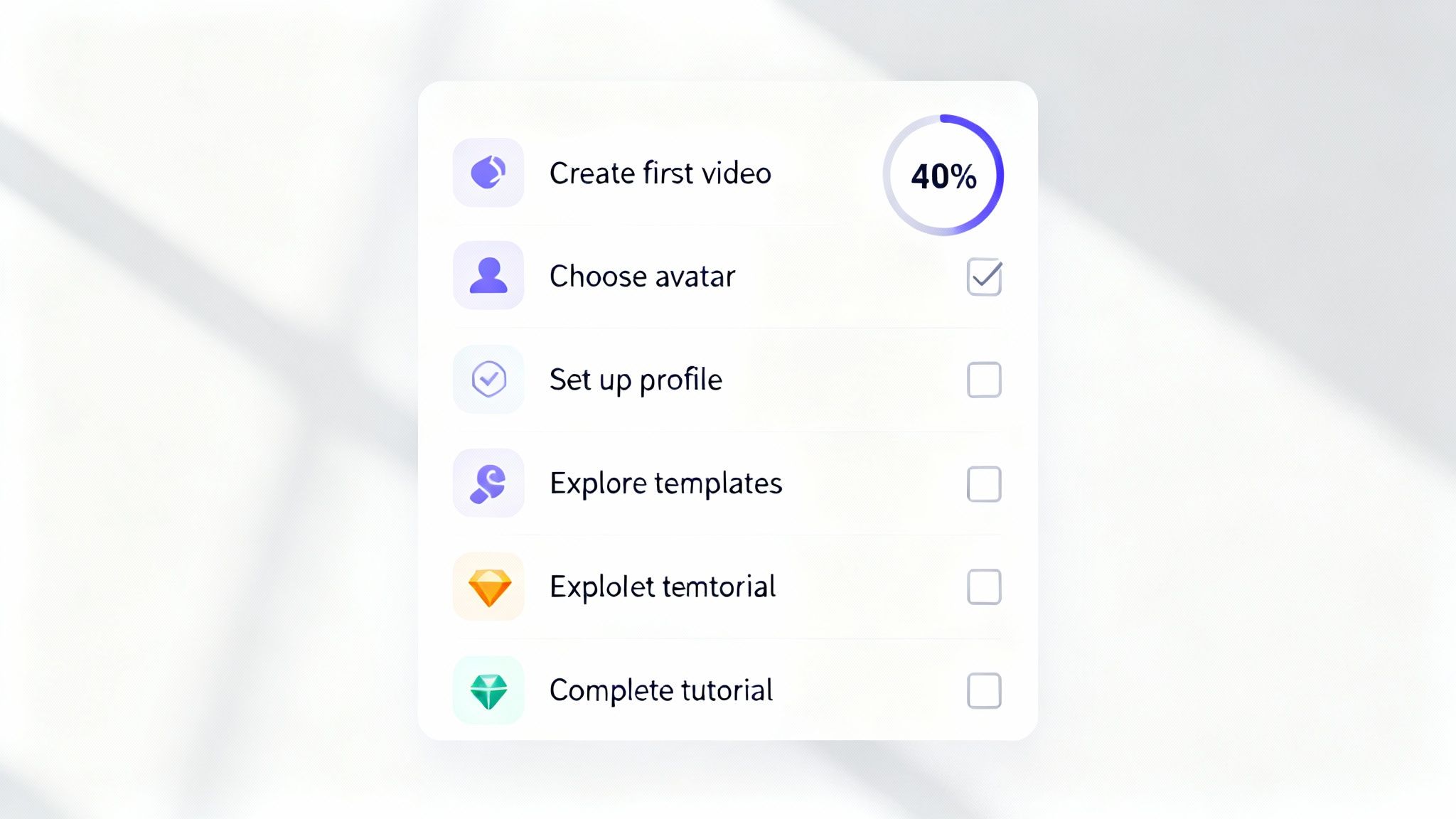 A digital onboarding checklist showing 40% progress on tasks like creating a video and choosing an avatar.