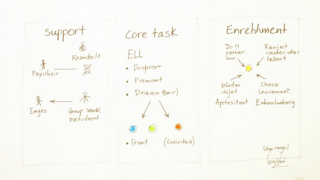 A teacher reviewing notes with a thoughtful expression.