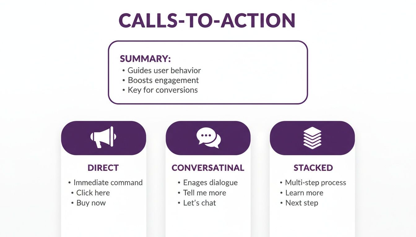 Infographic detailing Calls-to-Action (CTAs), explaining Direct, Conversational, and Stacked types with examples.