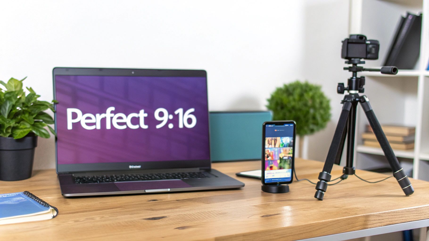 A workspace with a laptop showing 'Perfect 9:16', a smartphone, and a camera on a tripod.