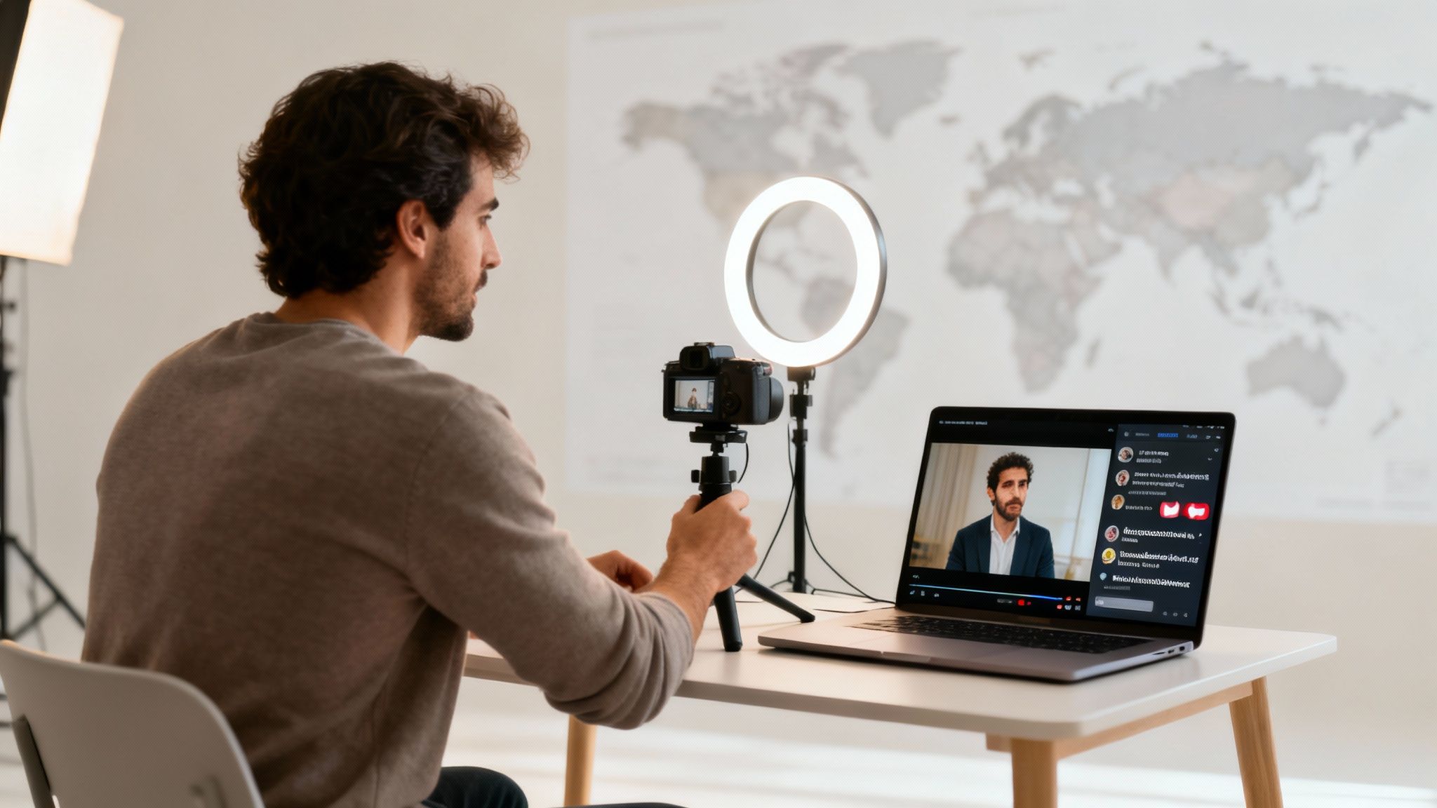 Content creator recording a video, viewing a live stream of himself on a laptop.