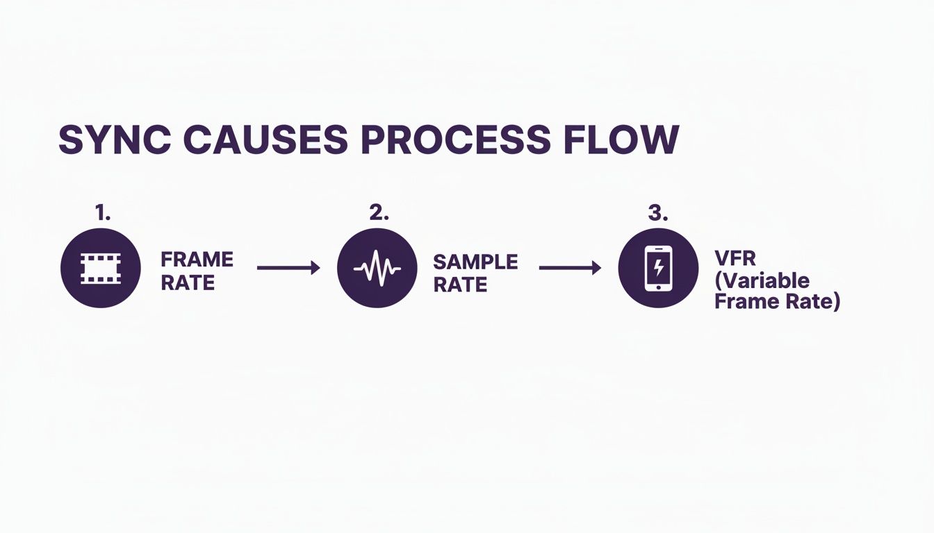 A process flow diagram illustrating sync causes: Frame Rate leading to Sample Rate, then Variable Frame Rate (VFR).