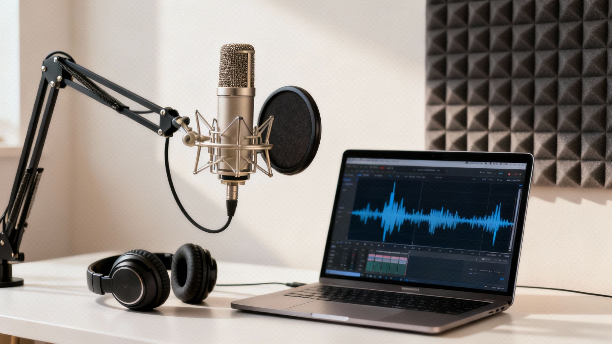 A professional podcasting setup with a microphone on a boom arm, headphones, and a laptop showing audio waveforms.