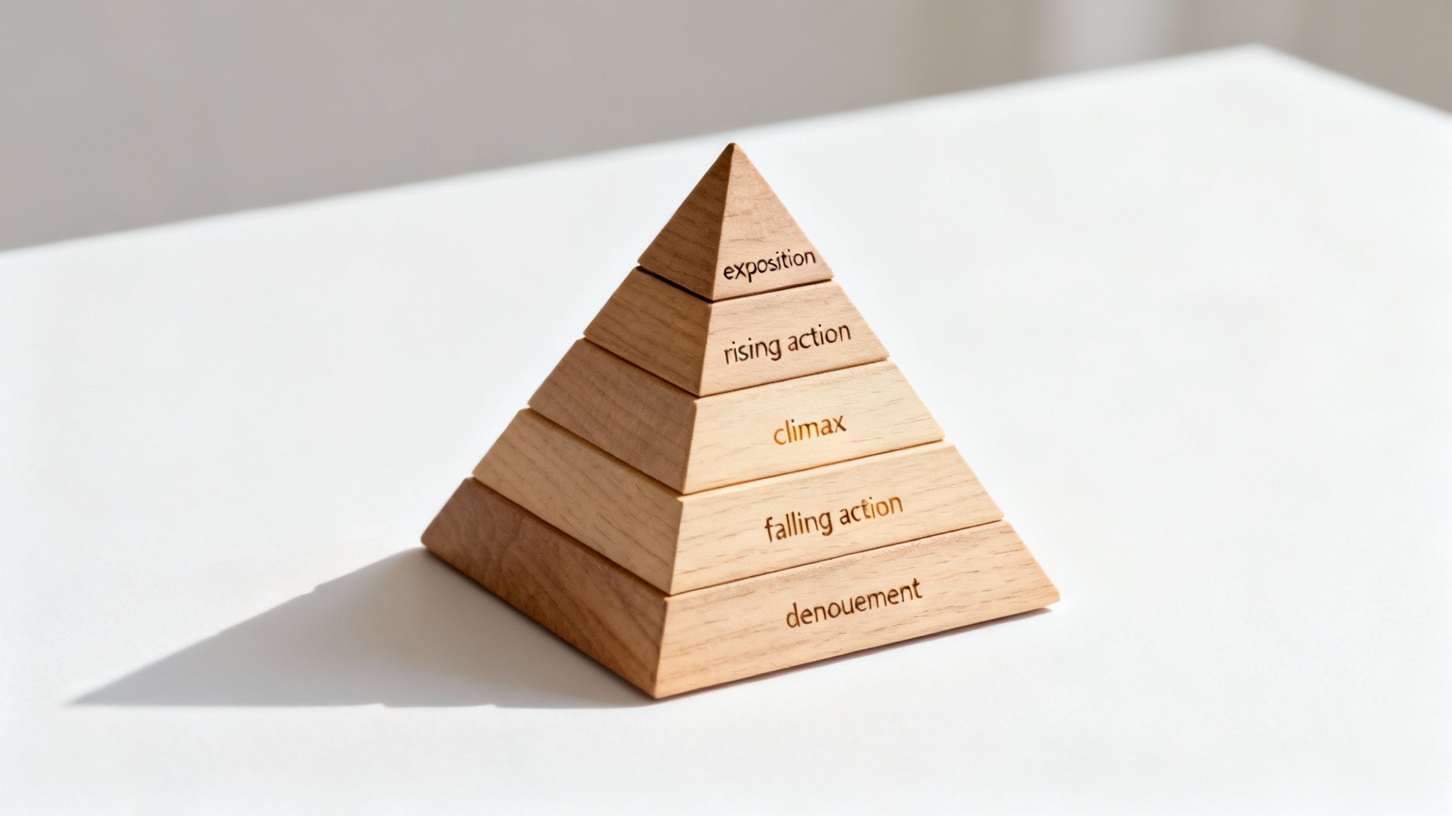 Wooden pyramid blocks displaying five story structure levels: exposition, rising action, climax, falling action, denouement