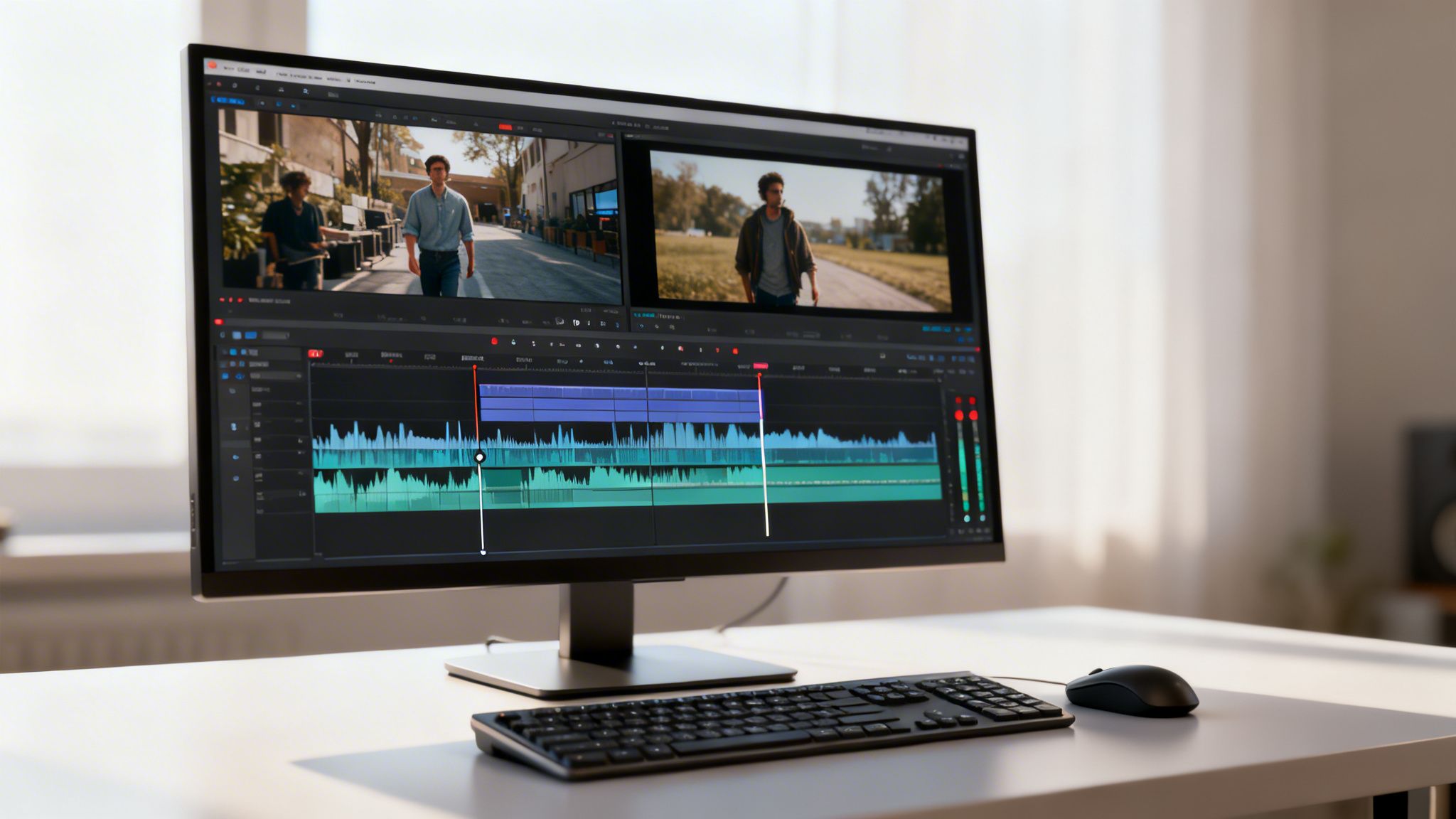 A computer monitor displays video editing software with two clips of a man walking, a keyboard, and mouse on a white desk.