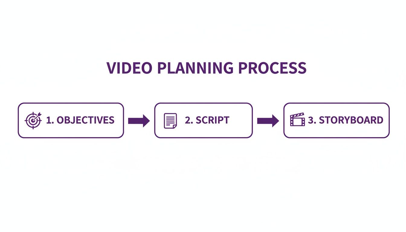 A simple diagram illustrating the video planning process, detailing steps from objectives to script and storyboard.