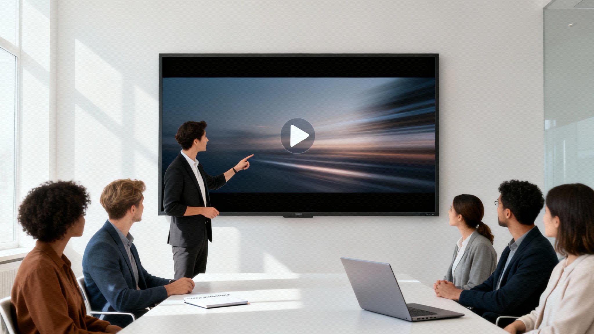 A presenter points at a video playing on a large screen during a team meeting.