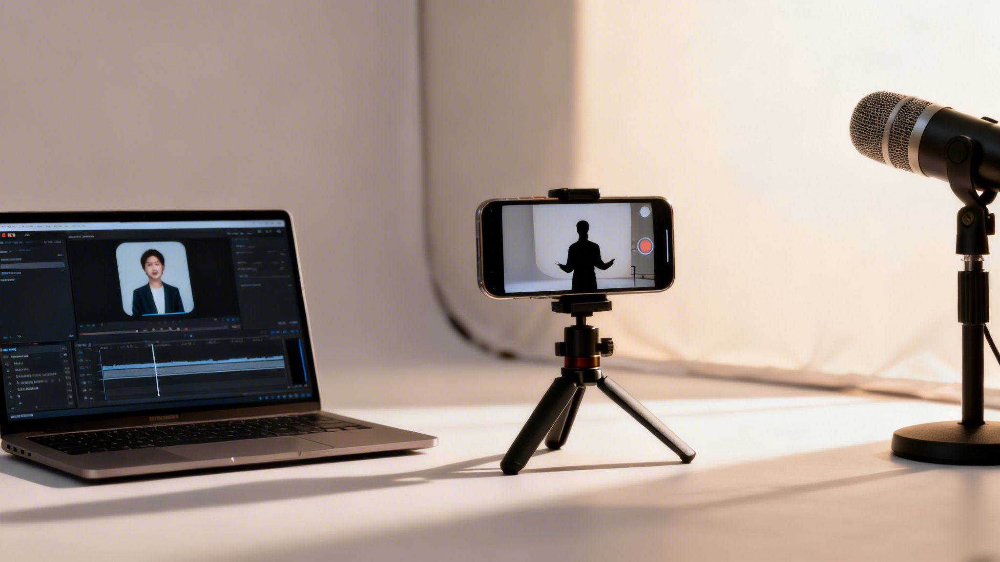 Professional setup for video creation featuring a laptop, smartphone on tripod, microphone, and bright background.