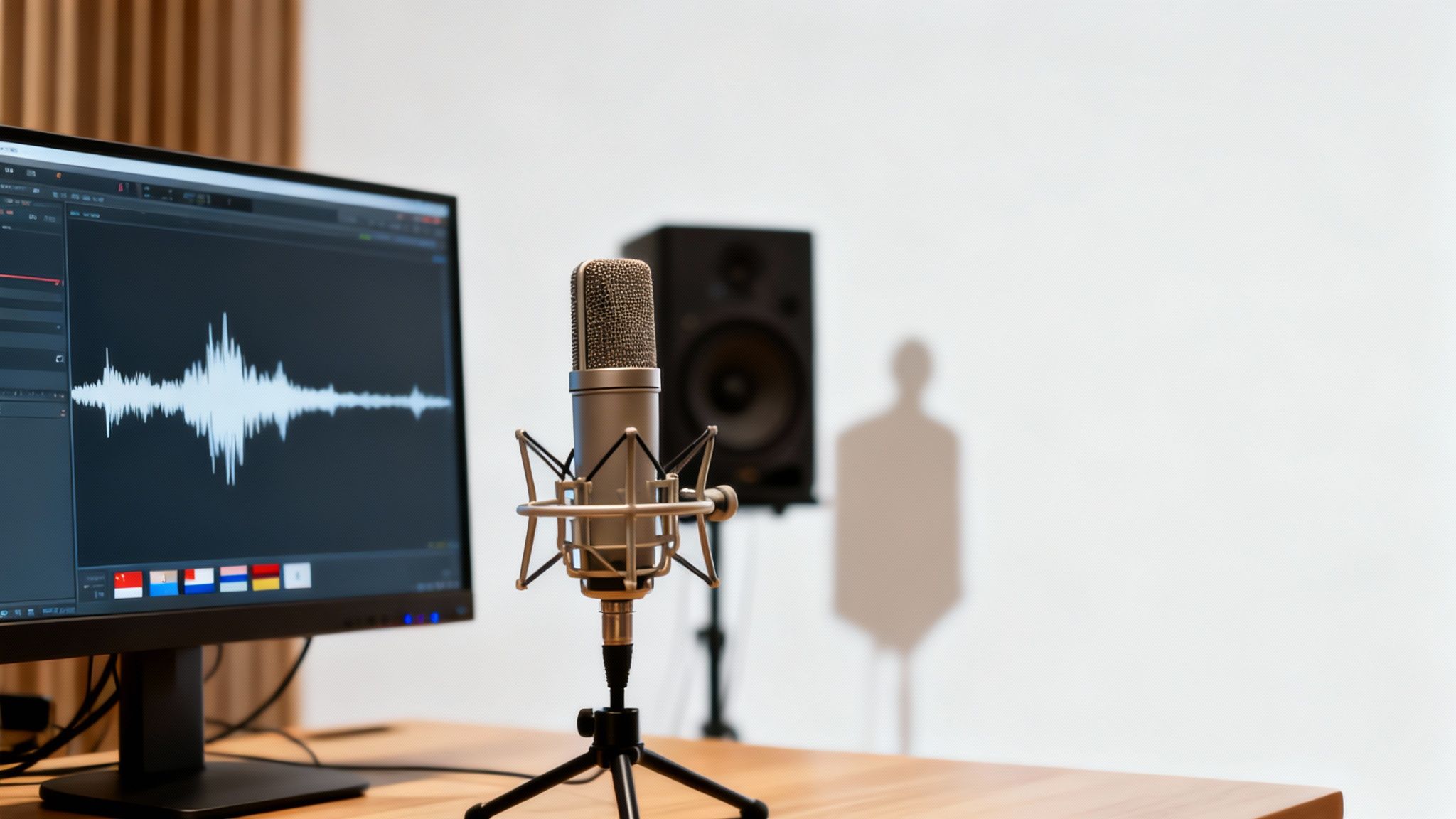 A condenser microphone with a pop filter in a recording studio setup, a monitor shows a sound wave.