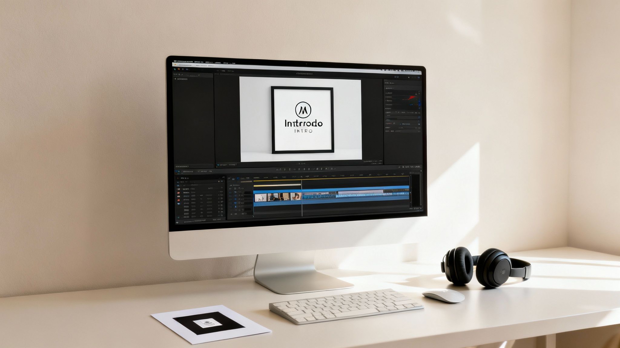 A sleek workspace featuring a monitor displaying video editing software, with a keyboard, mouse, and headphones on the desk.