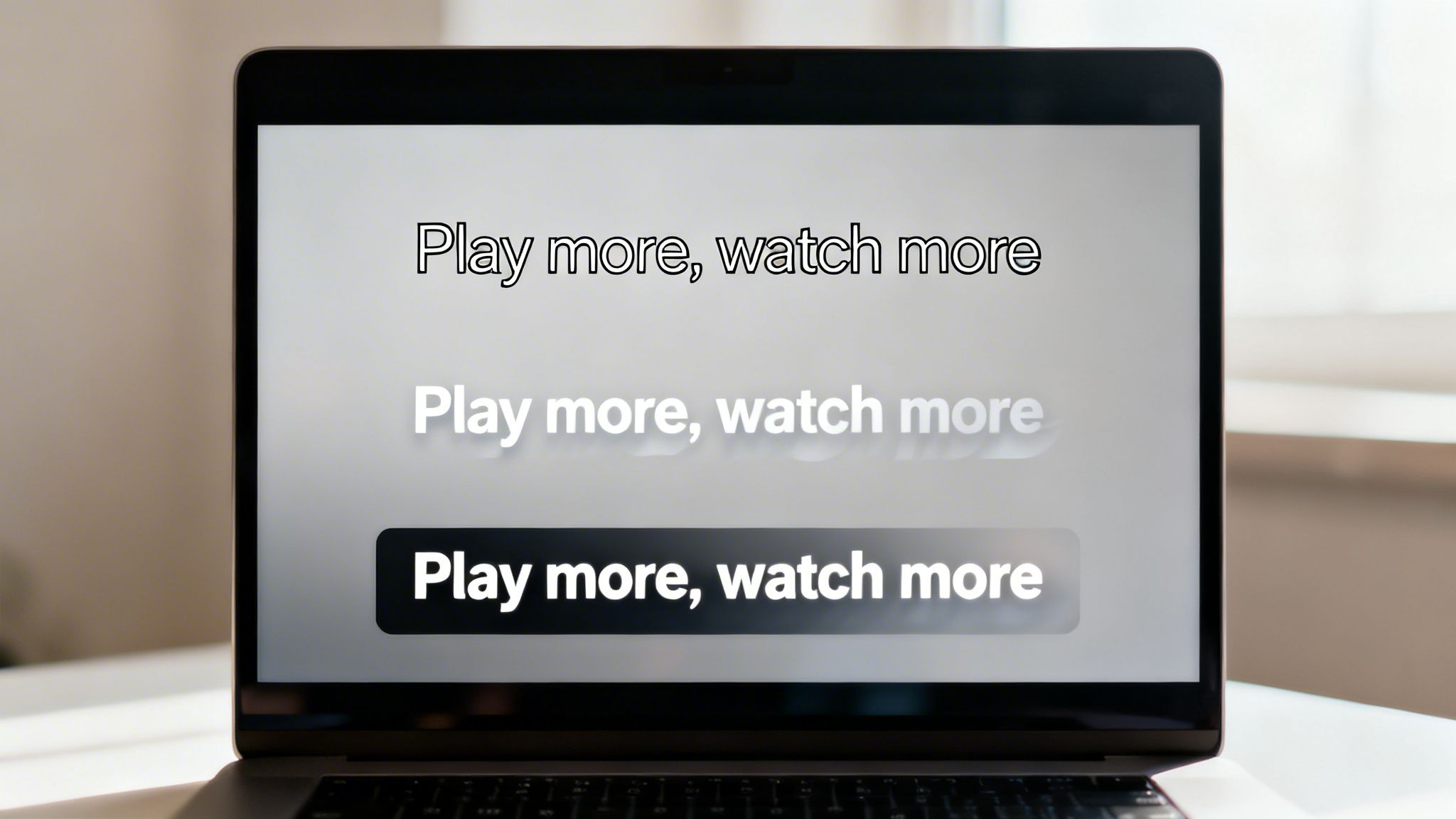 A laptop screen displays 'Play more, watch more' in three different subtitle font styles.