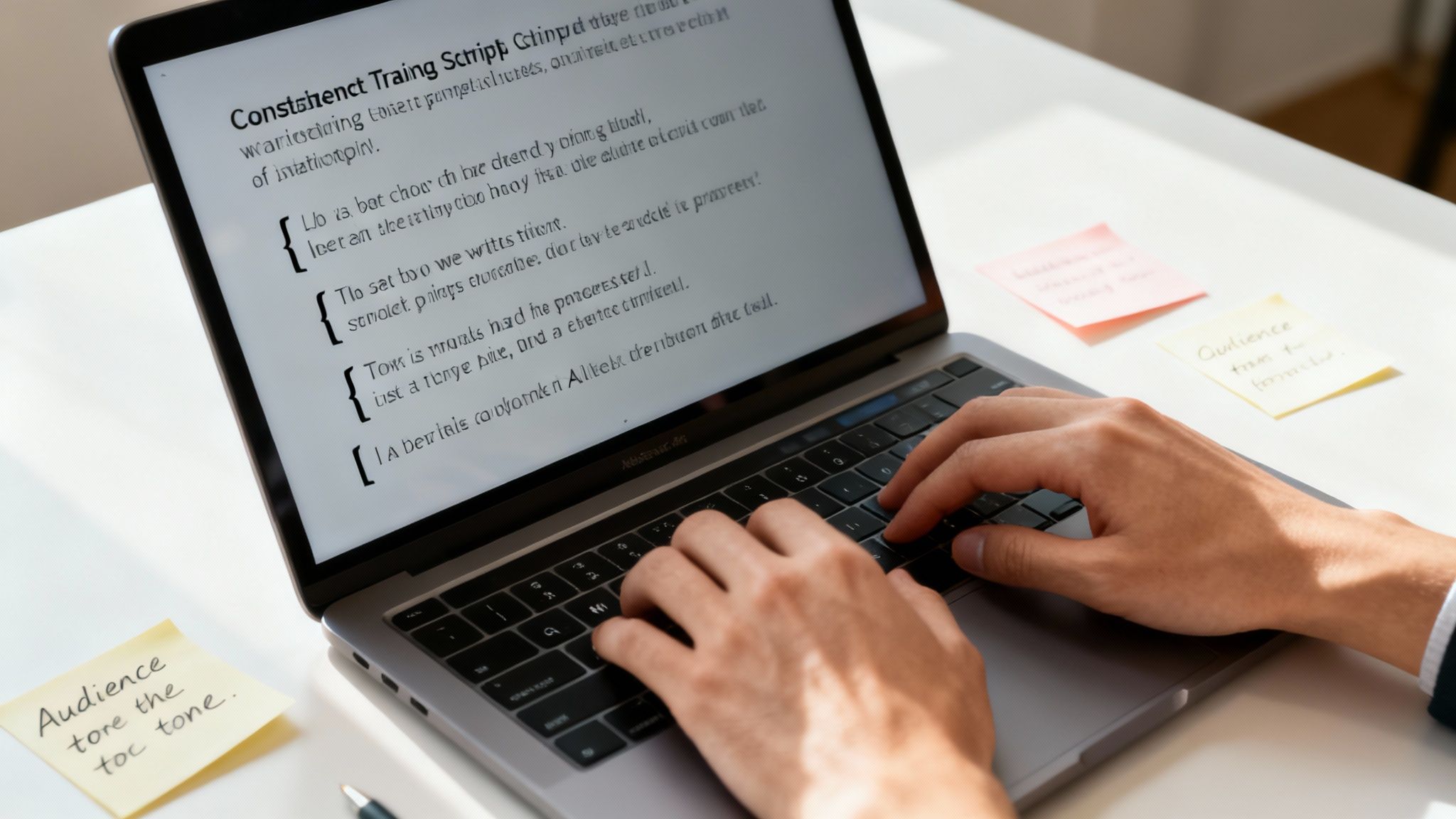 A person types on a laptop displaying a training script, with sticky notes on a white desk.