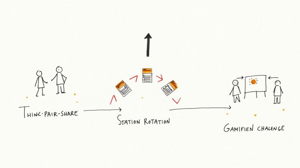 A teacher using sticky notes on a whiteboard to gather student feedback, demonstrating a real-time assessment technique.