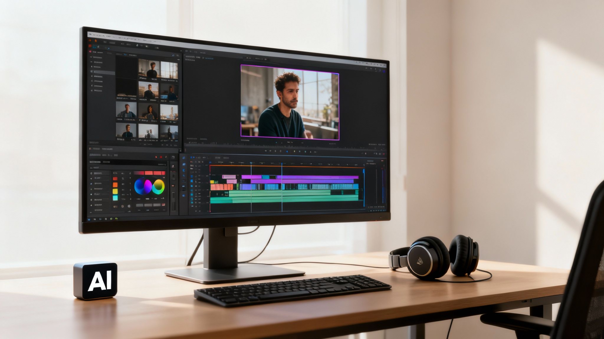 A modern desk setup with a monitor displaying video editing software, keyboard, headphones, and an AI cube.
