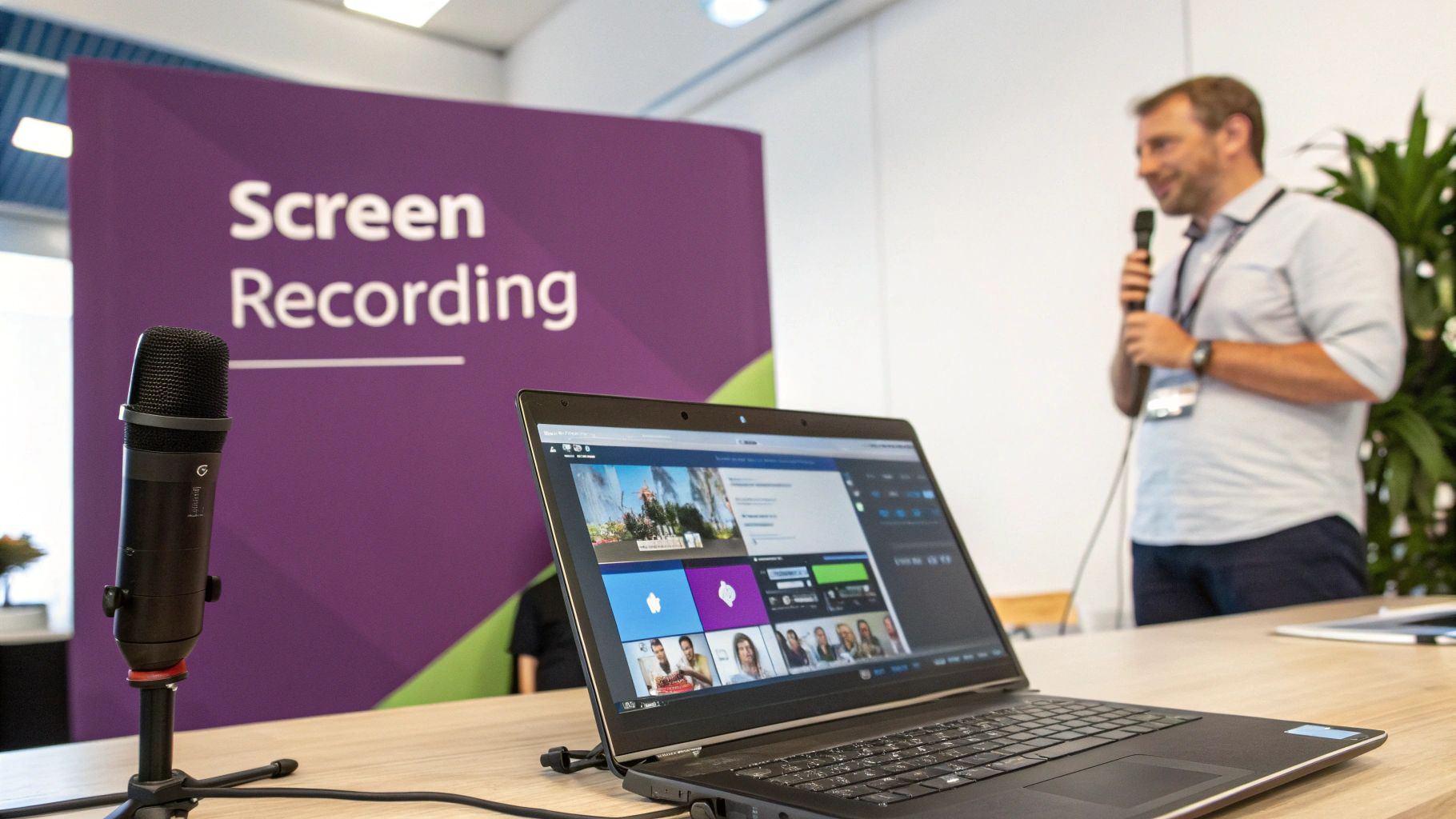 A laptop displaying screen recording software, a microphone, and a man presenting at an event.