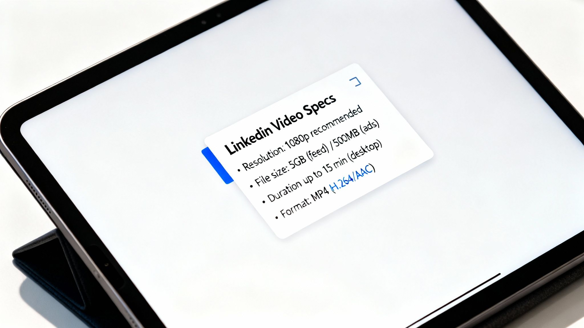 A modern tablet displays detailed LinkedIn video specifications on its bright screen.