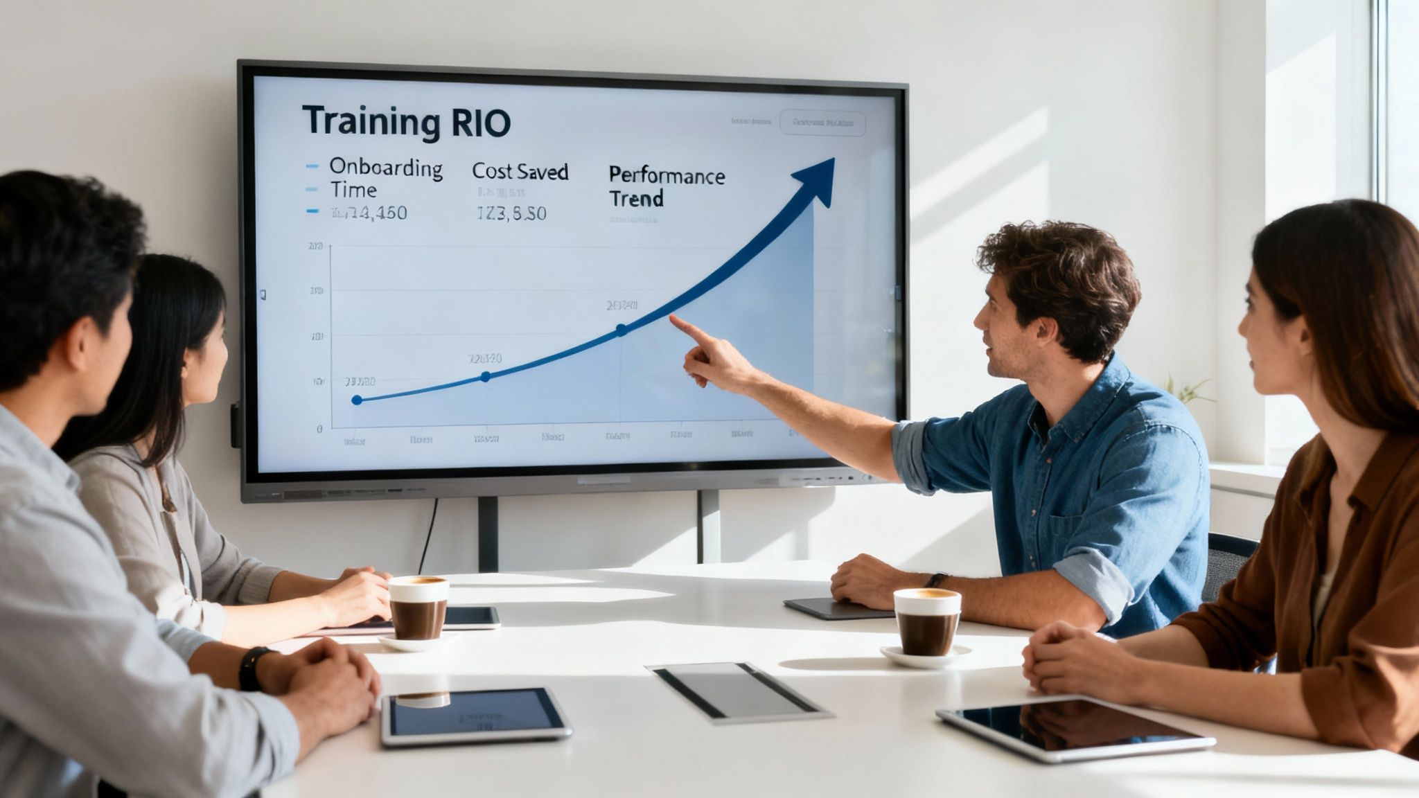 Four diverse professionals attend a meeting, reviewing a 'Training RIO' chart on a large screen, with one man pointing at the data.