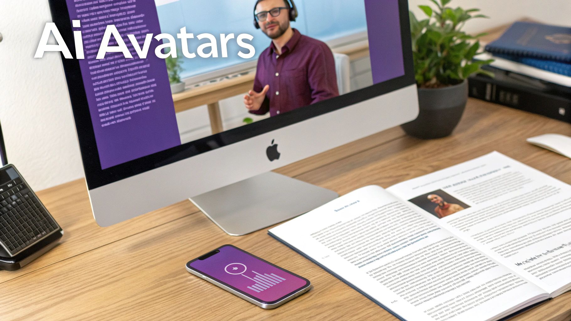 Desk with iMac displaying "Ai Avatars" text and a man in a video, next to a smartphone and open book.