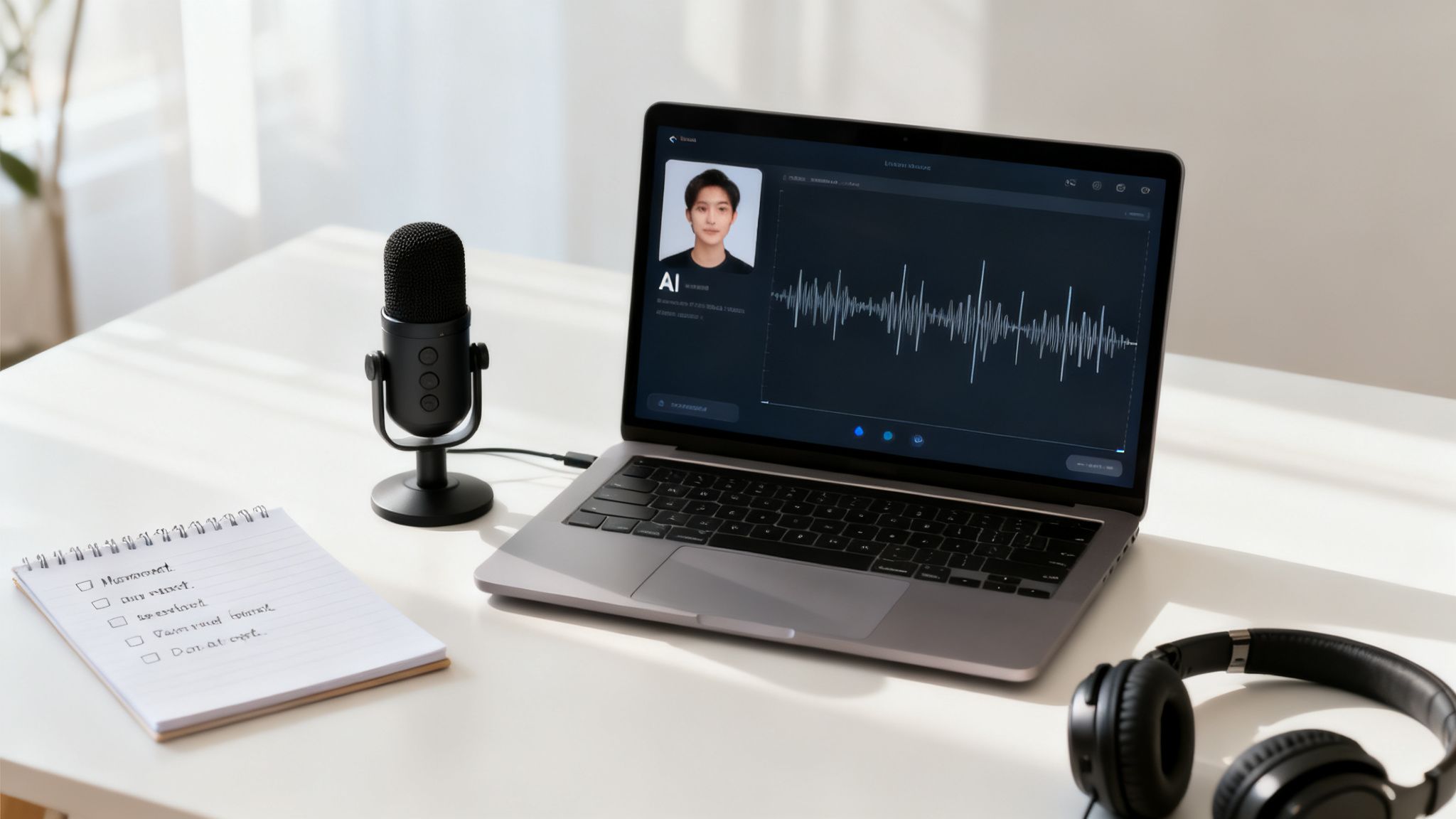 A professional audio recording setup with a laptop, microphone, headphones, and notepad on a white desk.