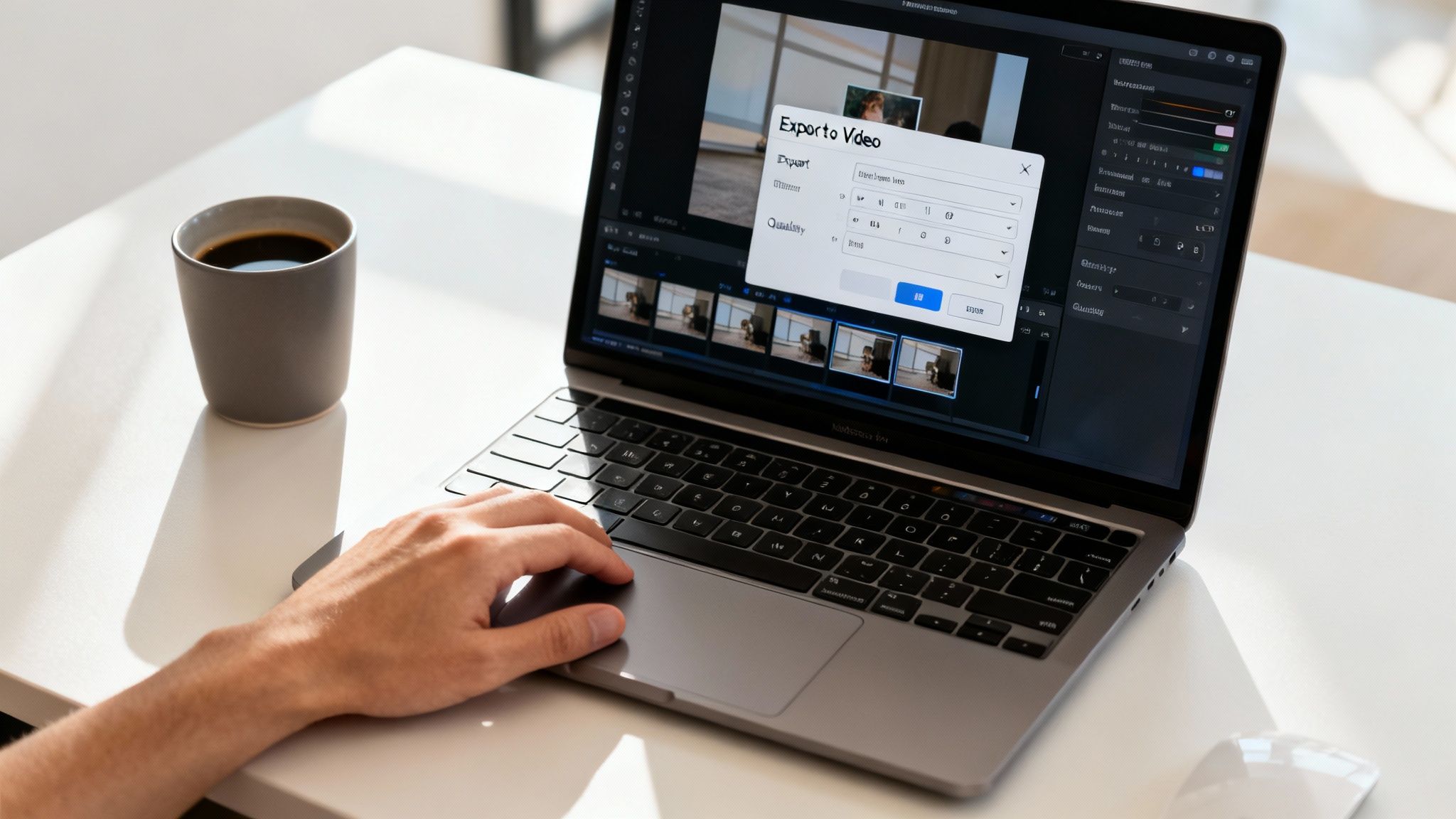 A person exports a video on a MacBook Pro, with a coffee cup on a sunny white desk.
