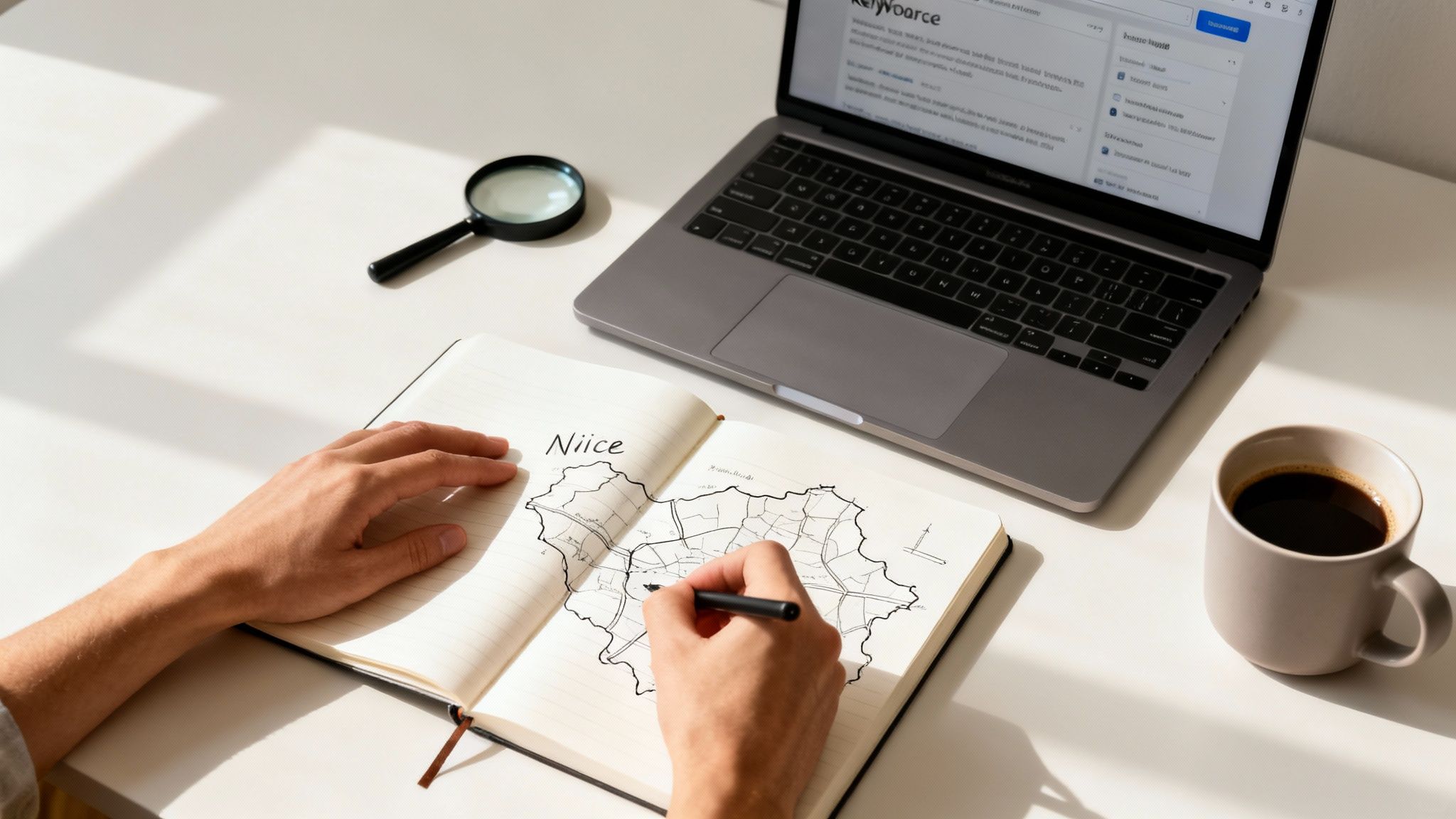 Hands sketching a detailed map in a notebook on a white desk with a laptop, magnifying glass, and coffee.