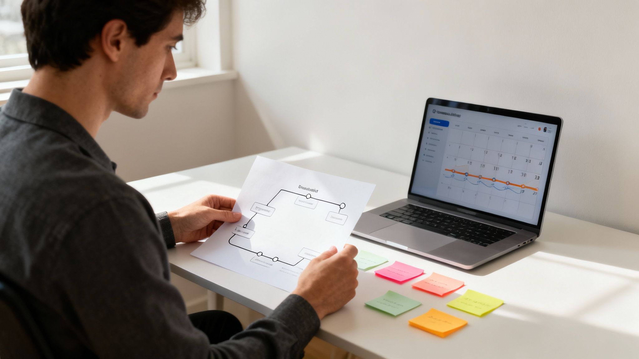 A man reviews a process diagram at a desk with a laptop and colorful sticky notes.