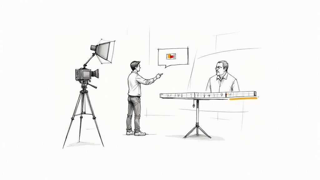 A person editing a training video on a laptop with a professional setup.