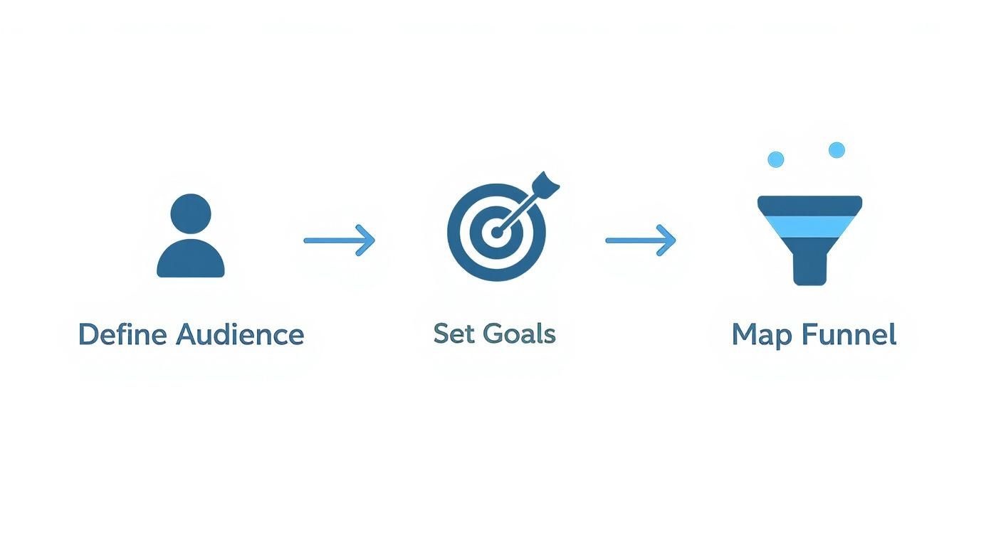 A three-step marketing process with icons and arrows: Define Audience, Set Goals, and Map Funnel.
