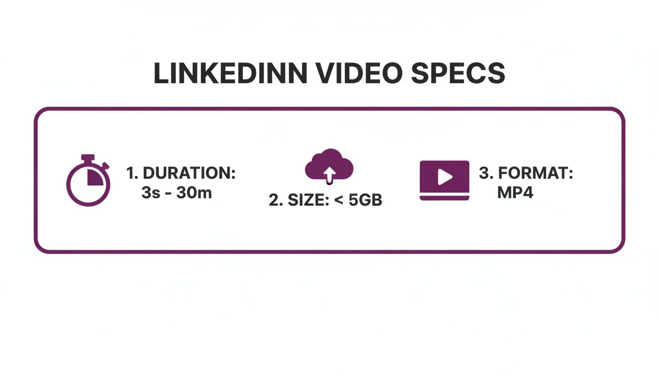 LinkedIn video specifications showing duration from 3 seconds to 30 minutes, size less than 5GB, and MP4 format.