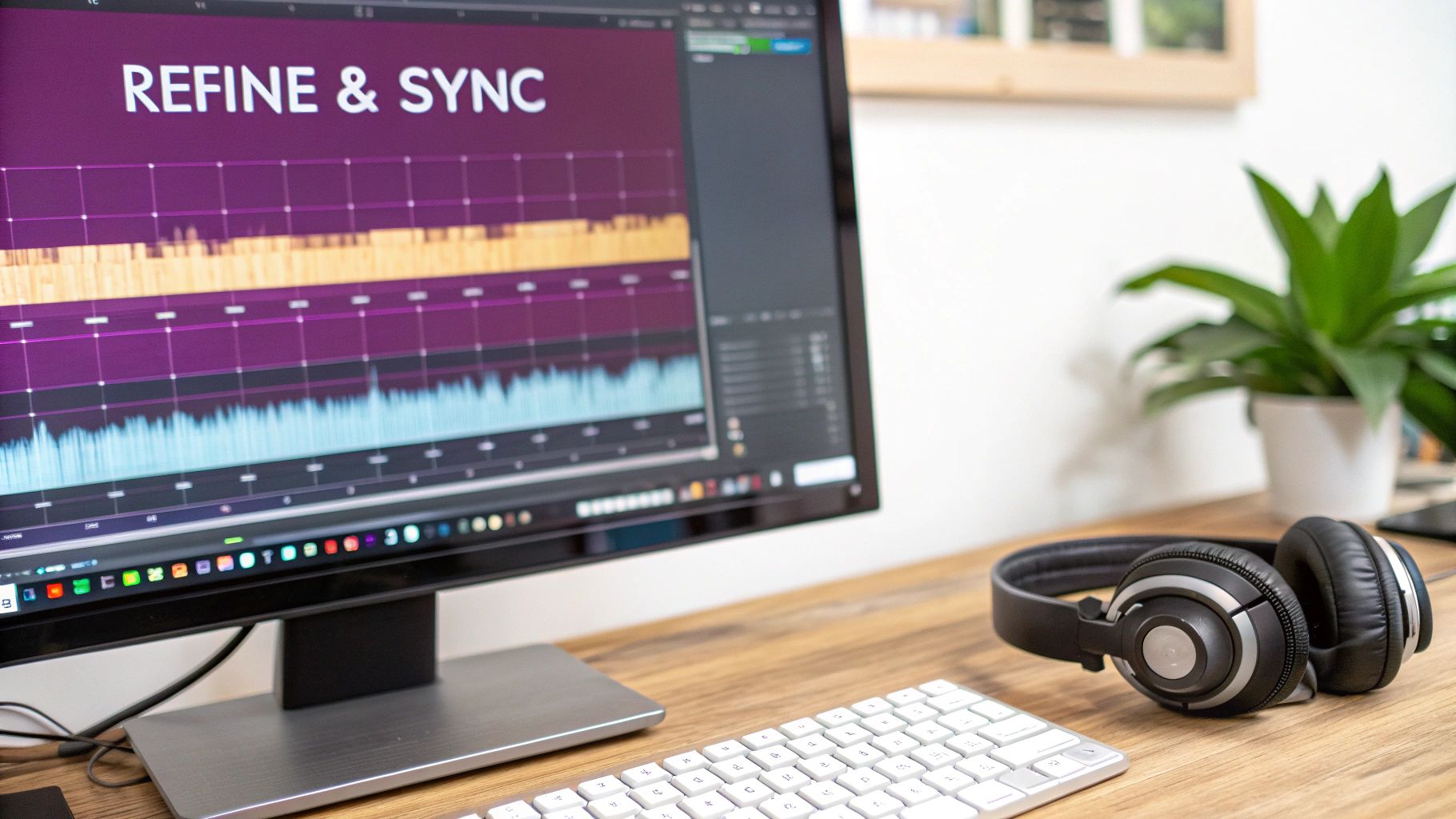 A computer monitor displaying 'REFINE & SYNC' software with audio waveforms, alongside headphones and a keyboard on a wooden desk.