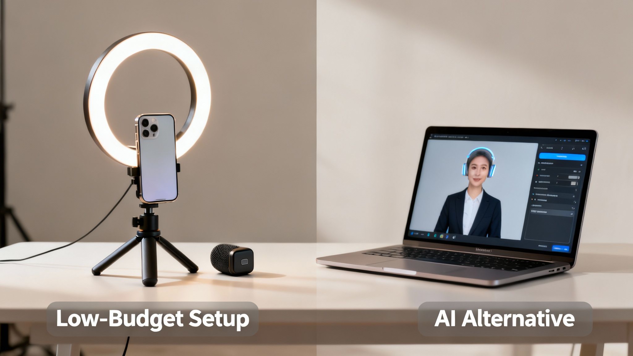 A low-budget video setup with a ring light and smartphone compared to a laptop showing an AI virtual avatar.
